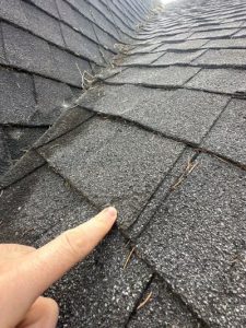 a roofing contractor points out damage to asphalt shingles
