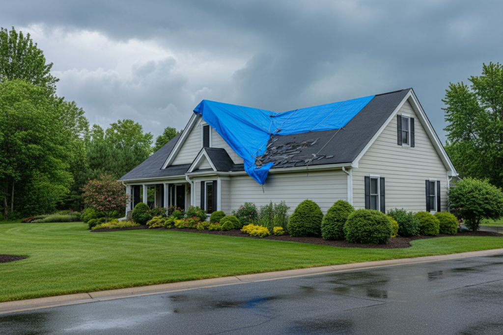 Northeast Ohio home with a blue emergency tarp covering storm-damaged roof shingles after a severe storm