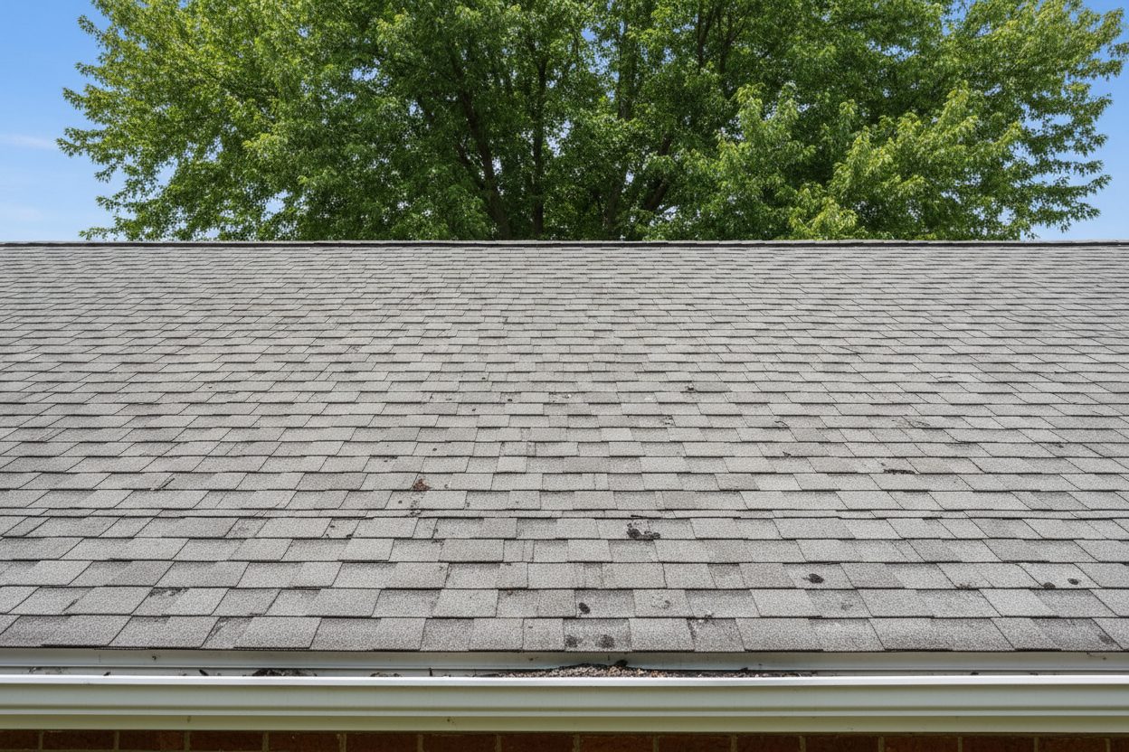 Faded asphalt shingles showing granule loss from summer sun exposure