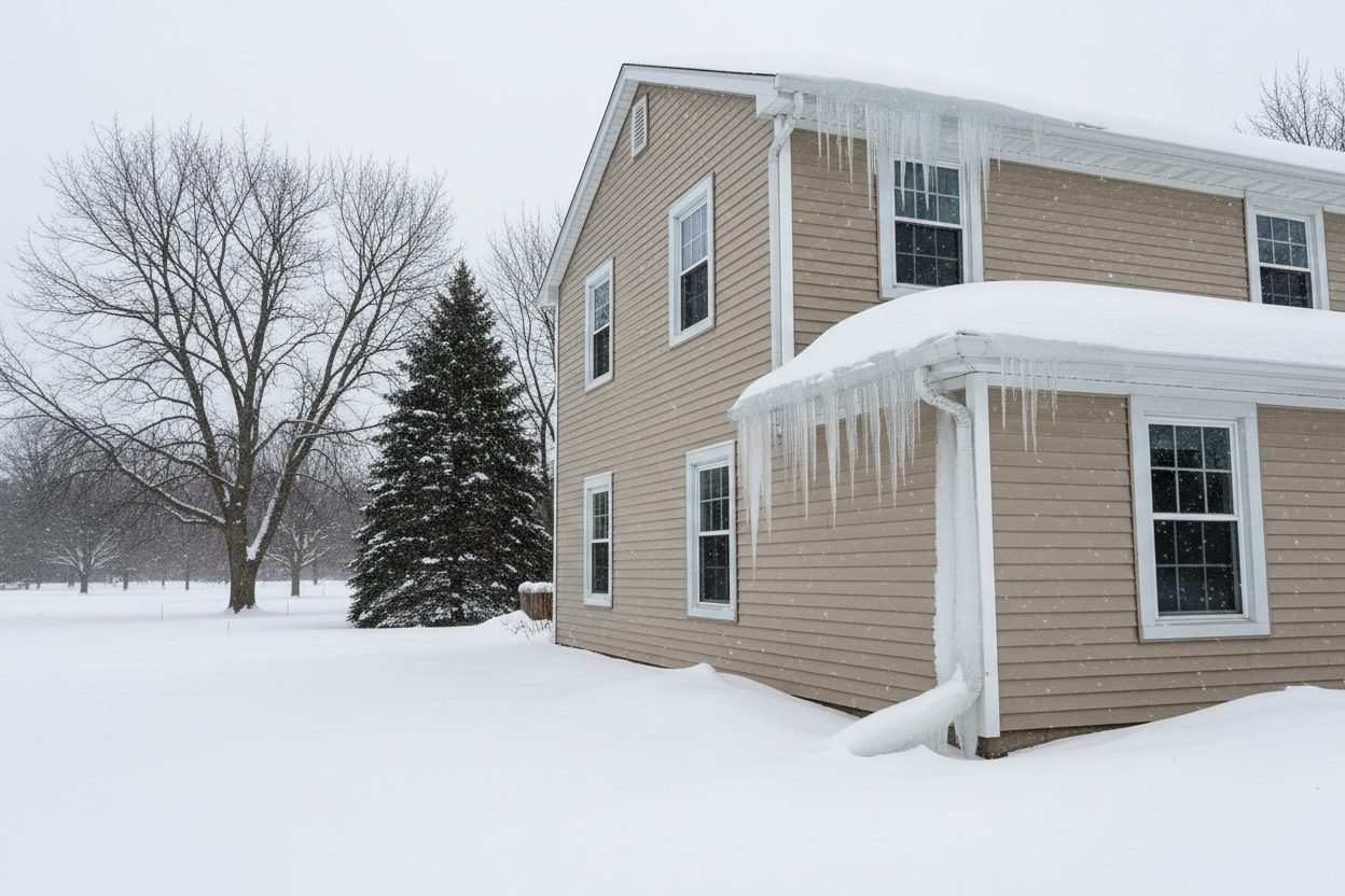 Icicles and ice buildup hanging from a home's gutters after heavy snow