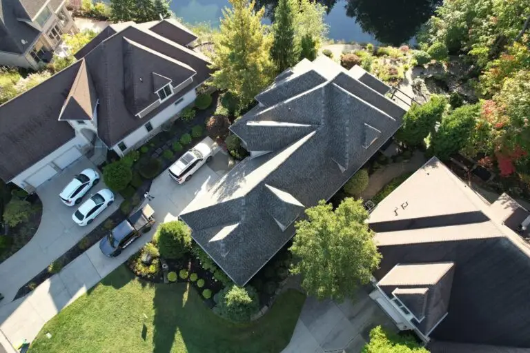 Aerial view of a completed RAW Roofing Solutions roof replacement in a Painesville-area neighborhood