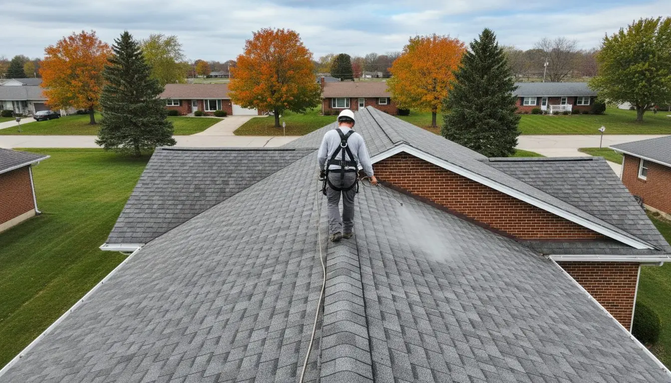 Technician applying a spray-on rejuvenation treatment to aging asphalt shingles