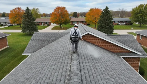 Technician applying a spray-on rejuvenation treatment to aging asphalt shingles